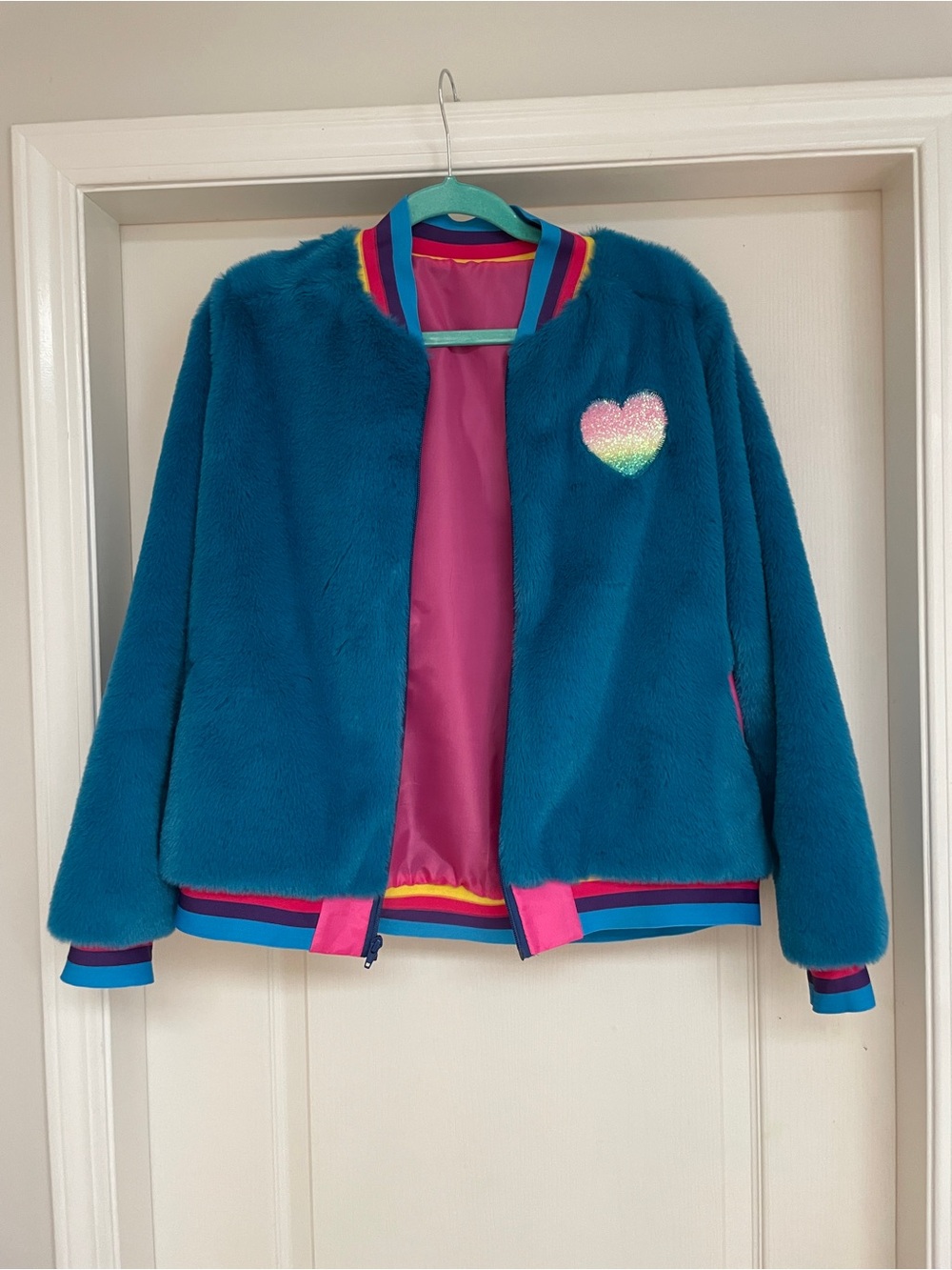 Teal Faux-Fur Jacket with Rainbow Heart Detail